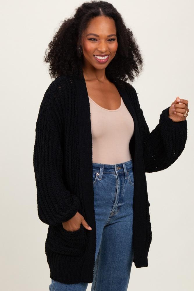 black chunky knit oversized pocket cardigan