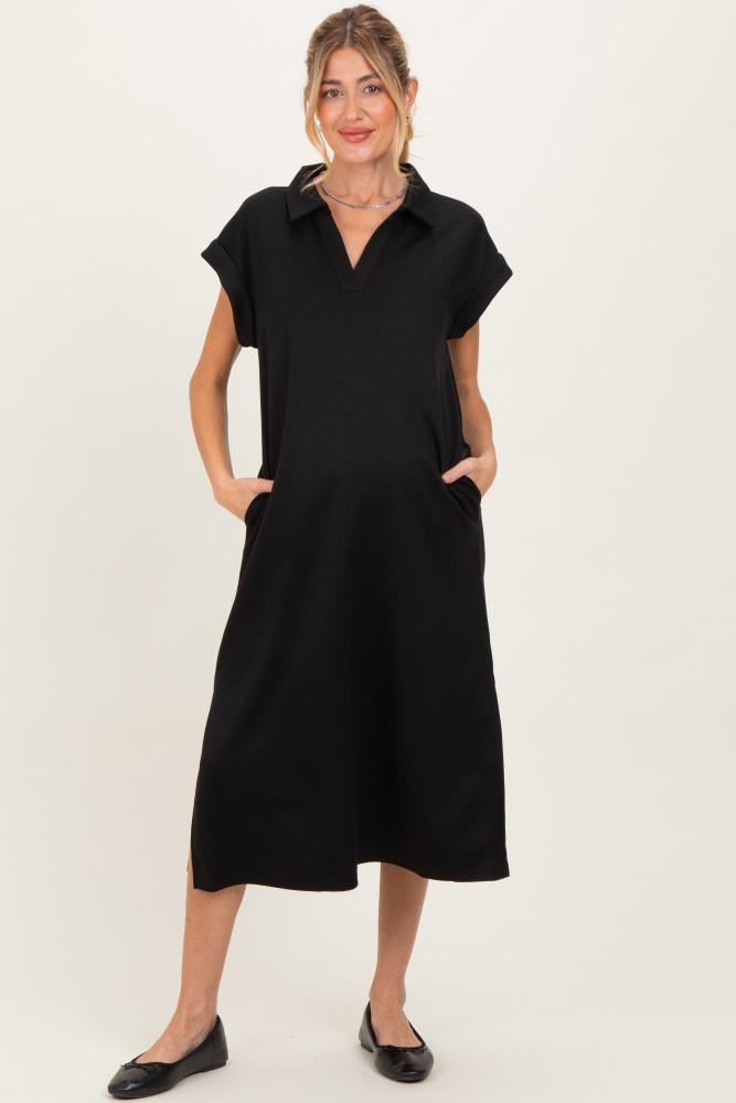 black collared oversized maternity midi dress