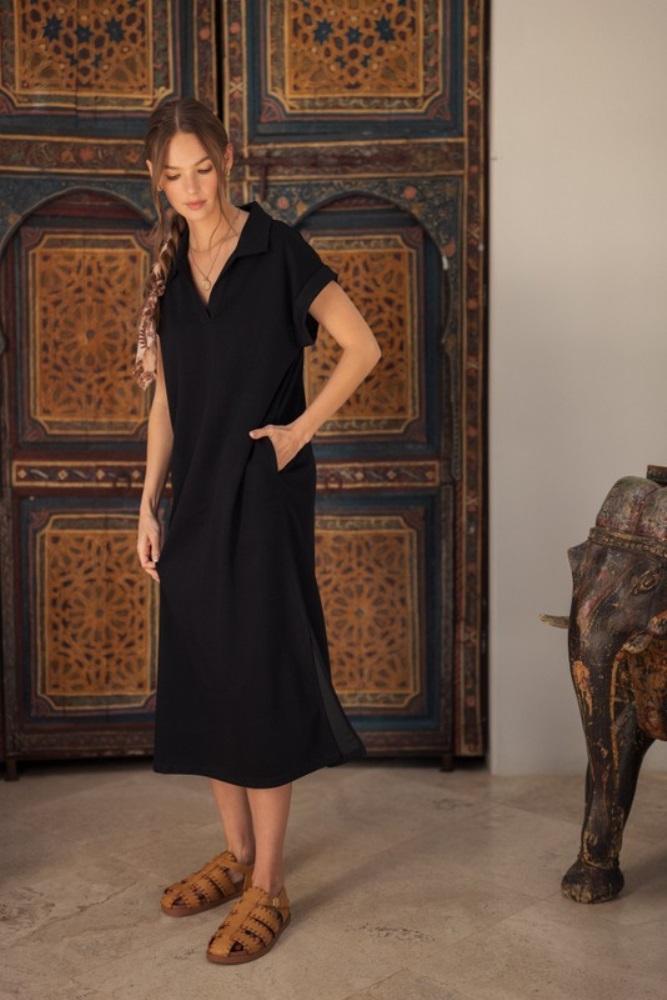 black collared oversized midi dress