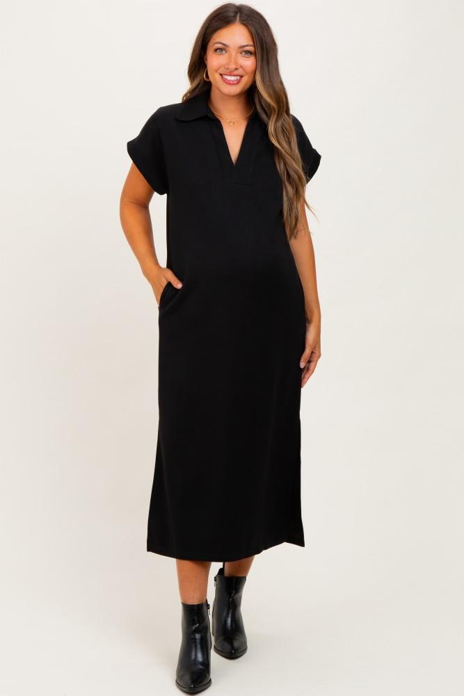black collared short sleeve maternity midi dress