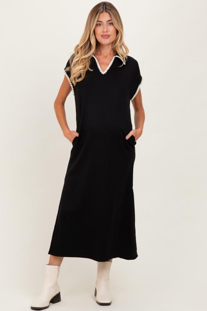 black collared stitch detail short sleeve maternity midi dress