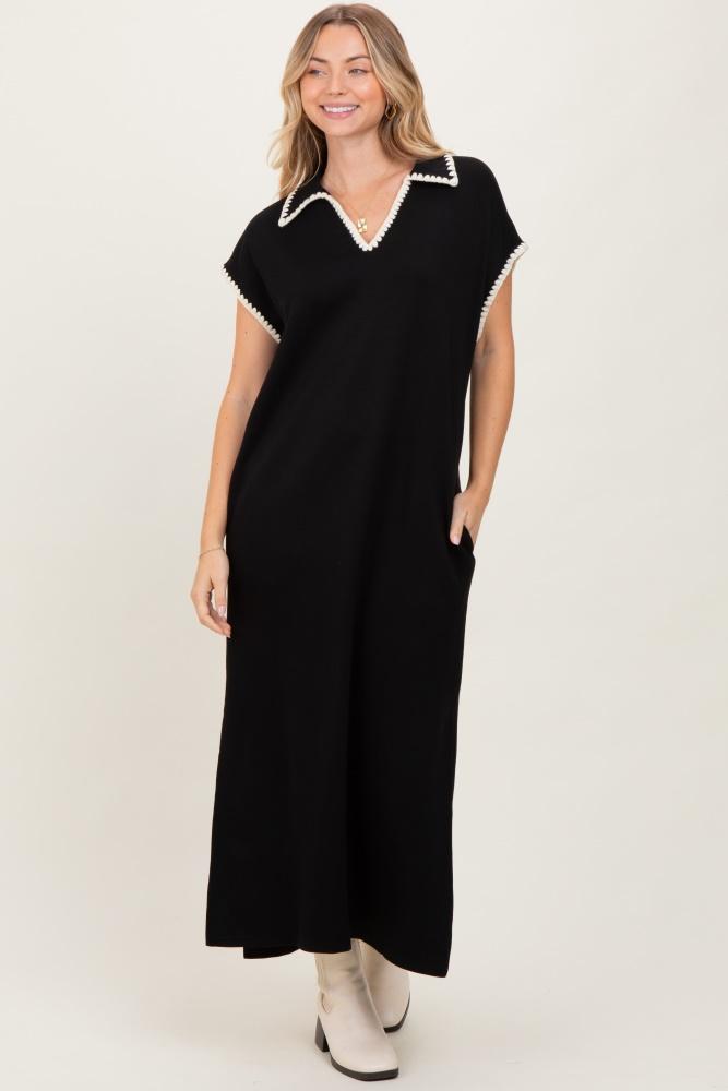 black collared stitch detail short sleeve midi dress