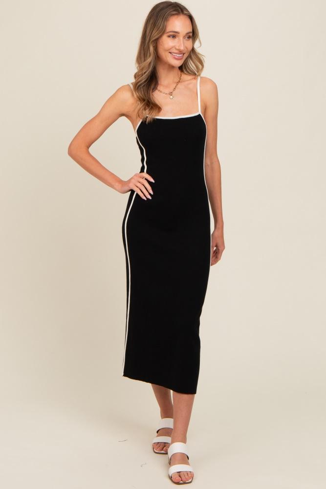 black contrast border knit midi dress