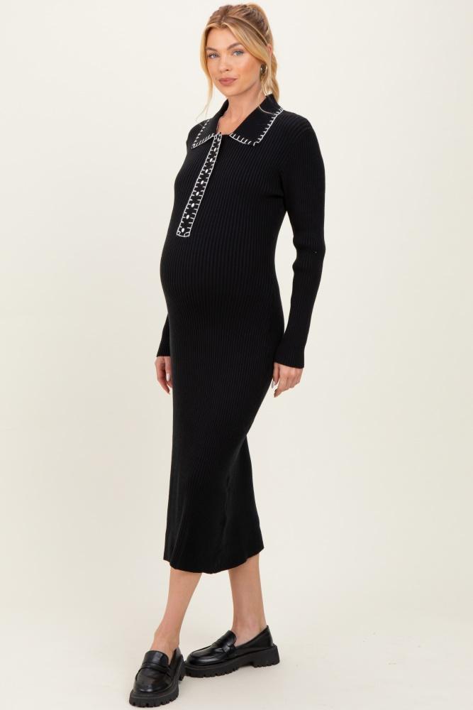 black contrast stitch maternity midi sweater dress