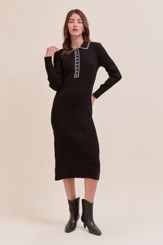 black contrast stitch midi sweater dress