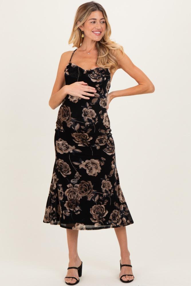 black cowl neck lace up back maternity midi dress