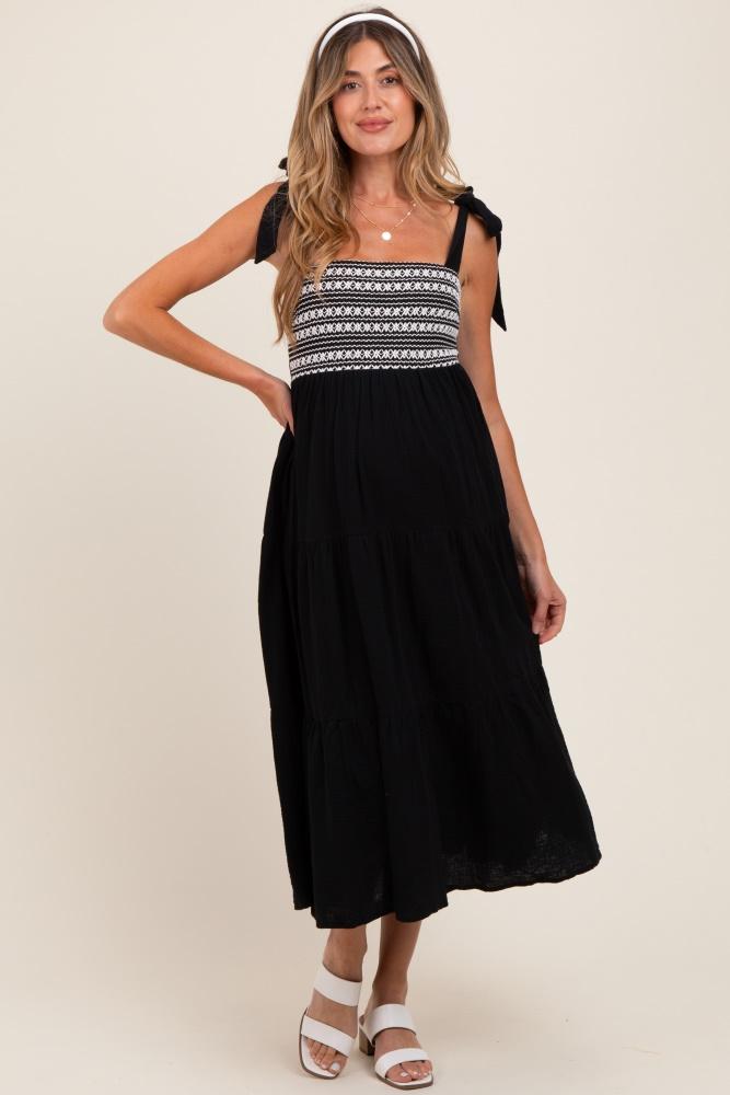 black crochet bodice shoulder tie tiered maternity midi dress