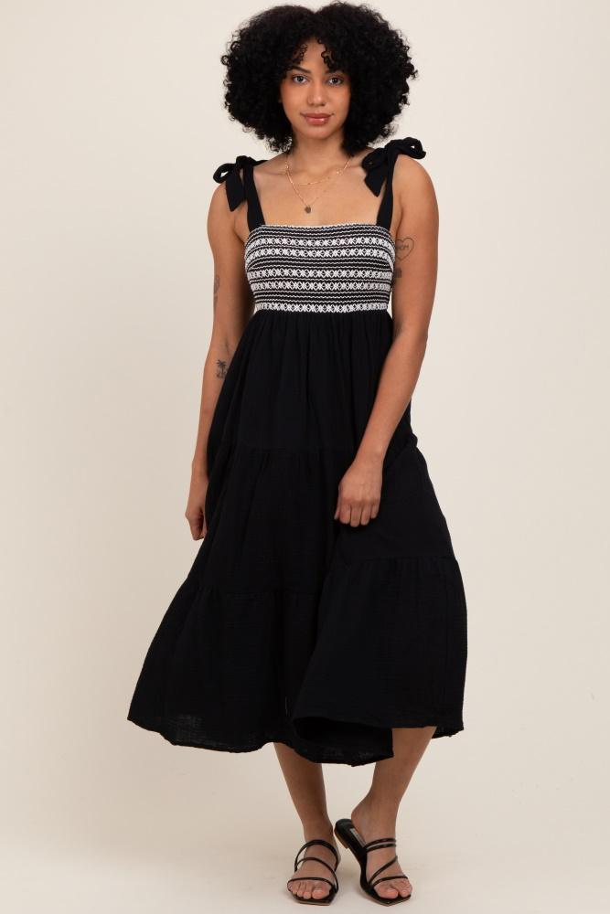 black crochet bodice shoulder tie tiered midi dress