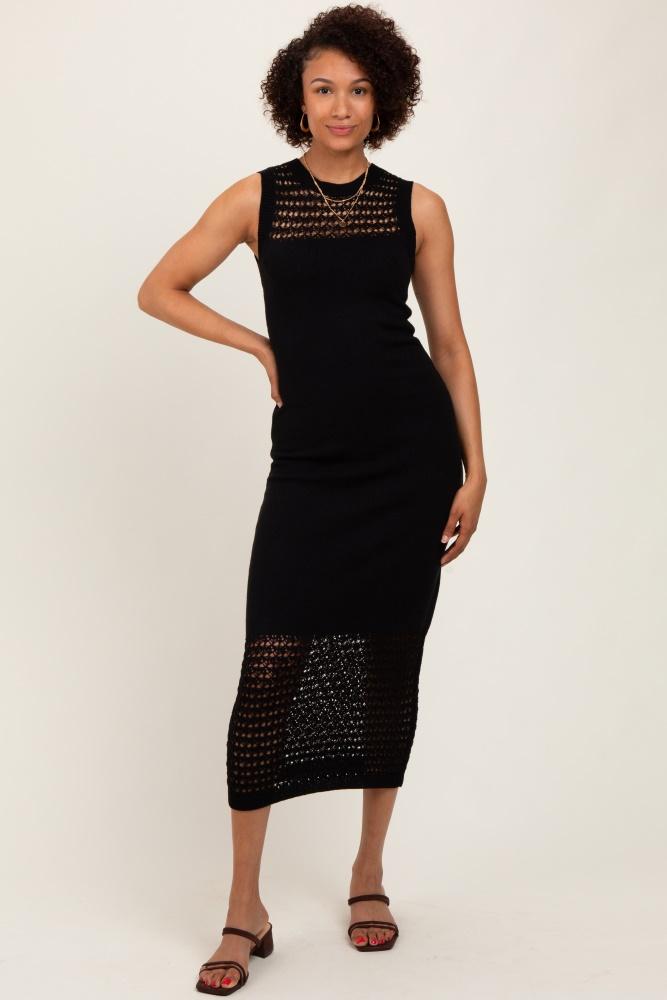 black crochet knit sleeveless maxi dress