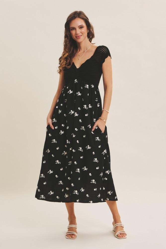 black crochet sweater floral embroidery midi dress