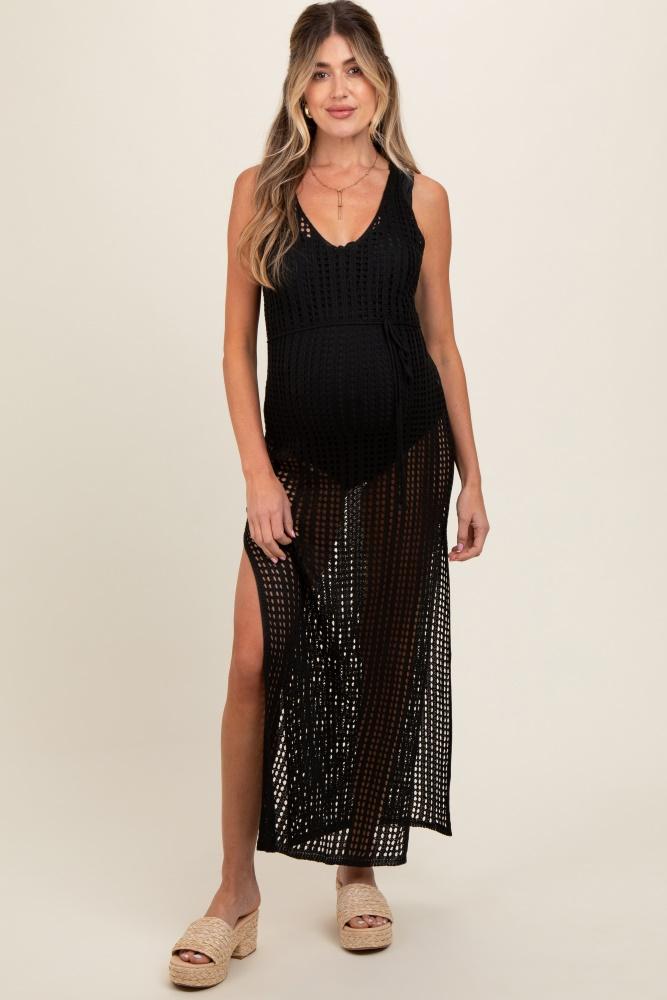 black crochet v-neck side slit maternity cover up