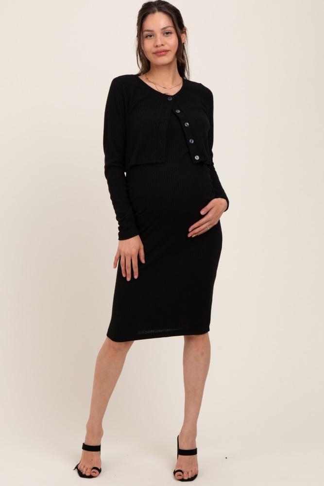 black crop cardigan and sleeveless dress maternity set