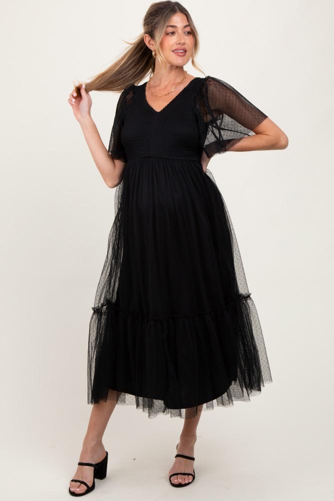 black dotted tulle smocked maternity midi dress