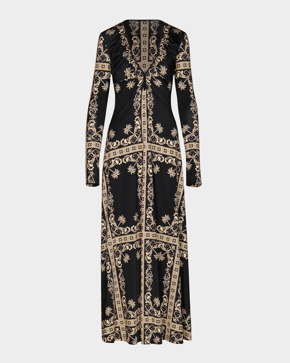black ecru embroidered long-sleeve maxi dress