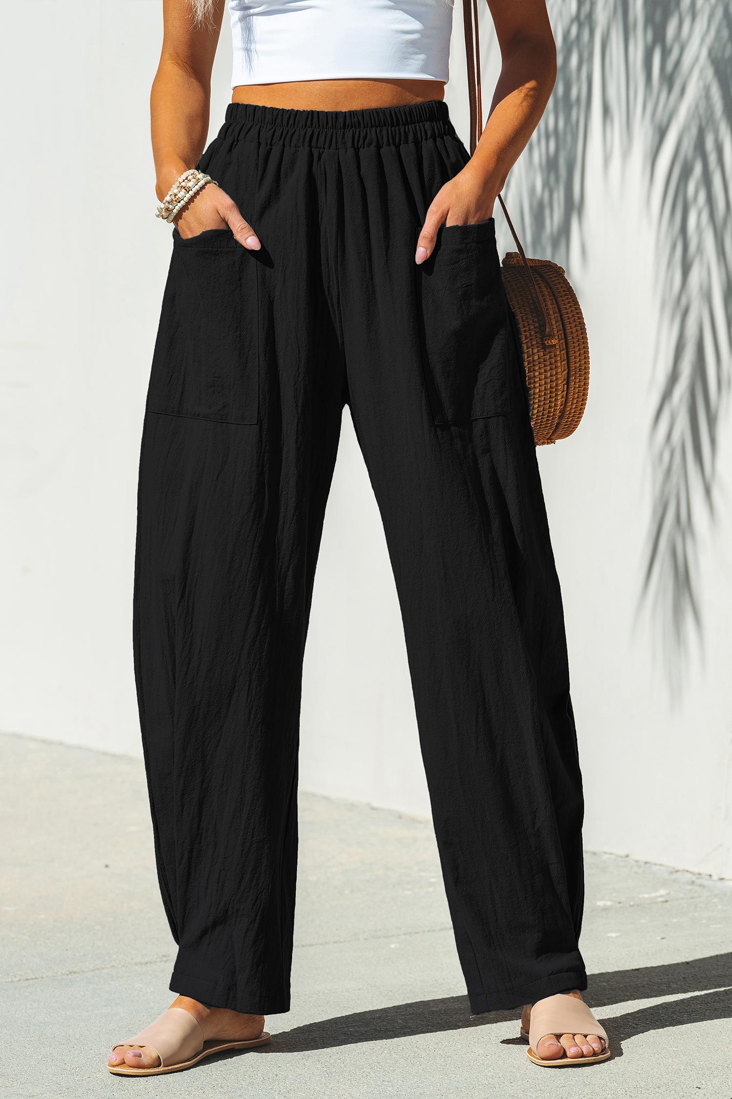 black elastic waist tapered leg pants - l