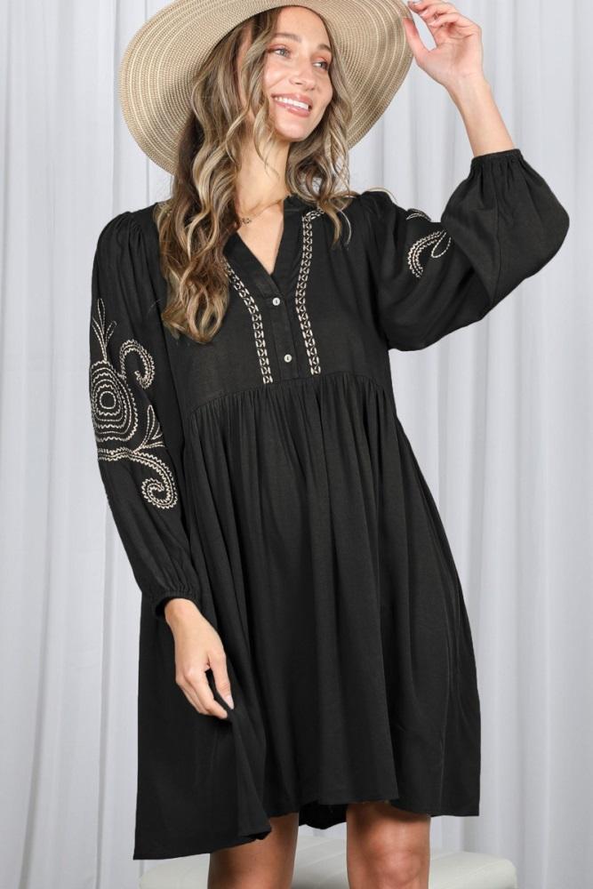 black embroidered v-neck long sleeve dress