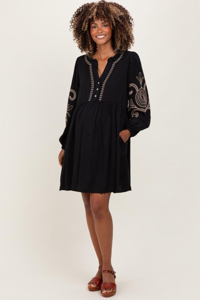 black embroidered v-neck long sleeve maternity dress
