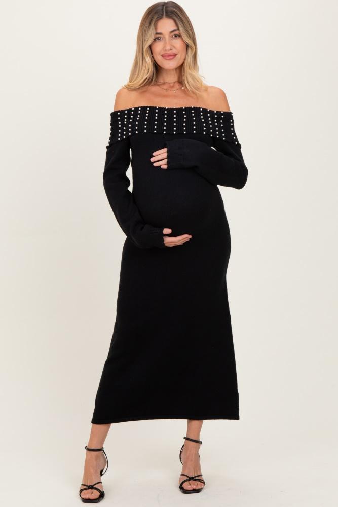 black faux pearl detail off shoulder maternity sweater dress