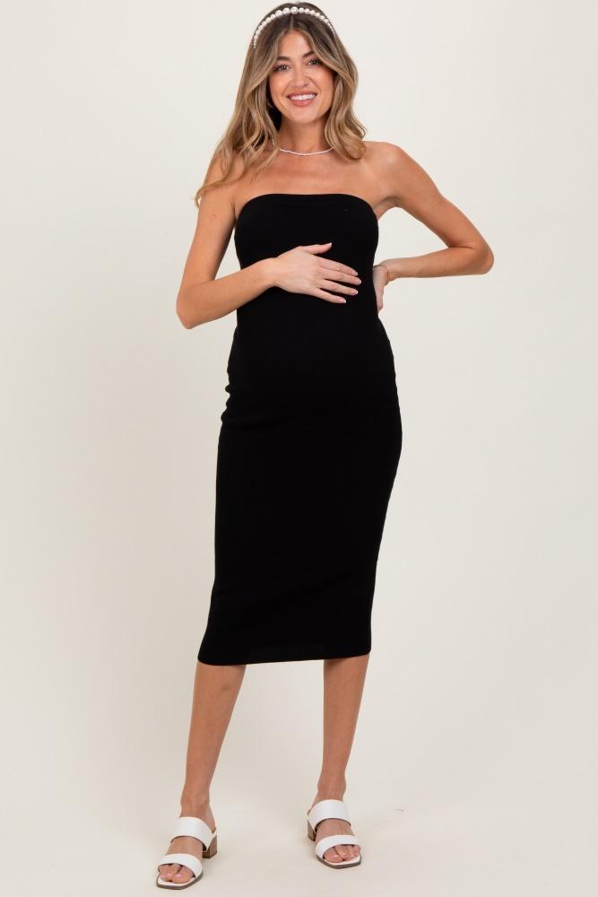 black fitted tube knit maternity midi dress