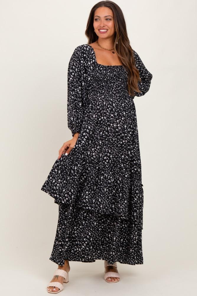 black floral asymmetrical ruffle hem maternity maxi dress