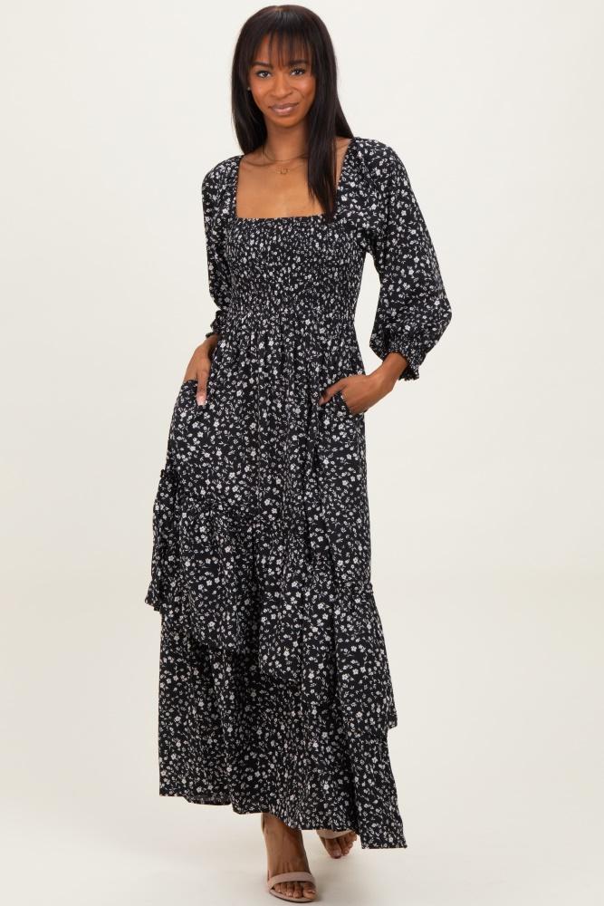 black floral asymmetrical ruffle hem maxi dress