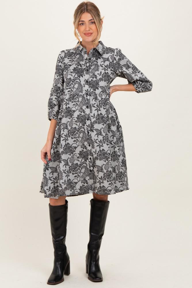 black floral button down 3/4 sleeve maternity midi dress