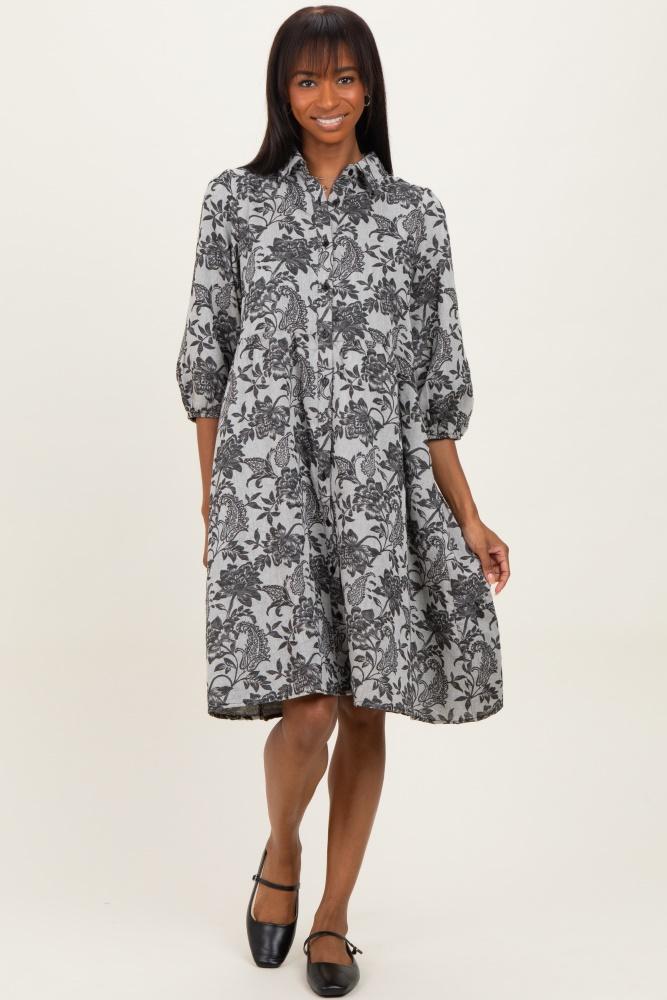 black floral button down 3/4 sleeve midi dress