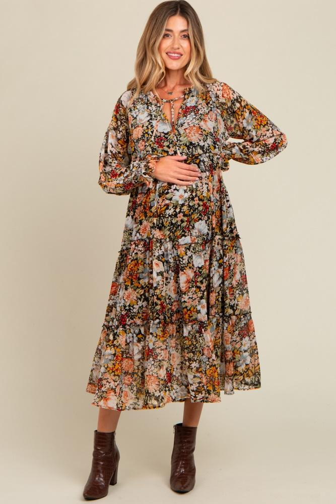 black floral chiffon front tassel tie maternity midi dress