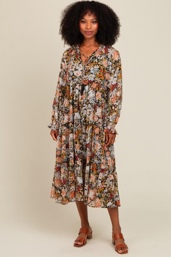 black floral chiffon front tassel tie midi dress