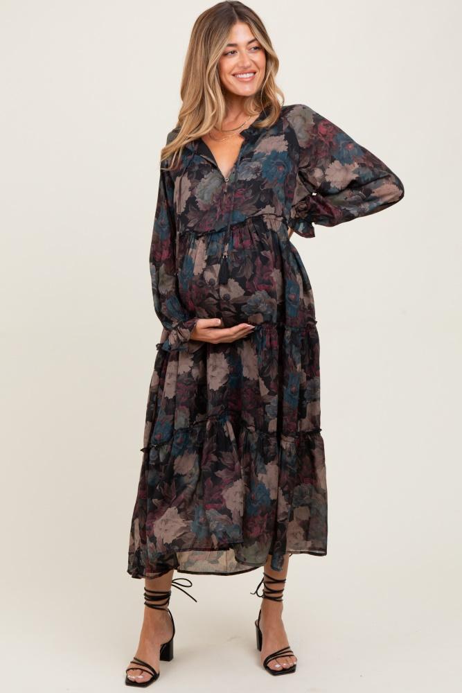 black floral chiffon ruffle tiered maternity midi dress