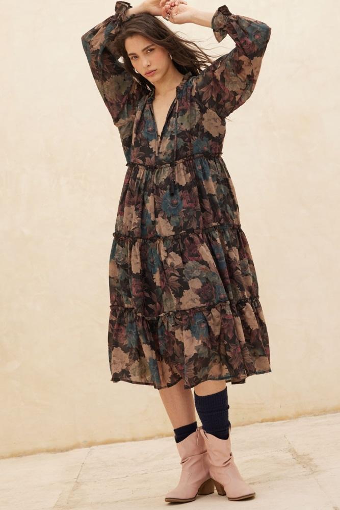 black floral chiffon ruffle tiered midi dress