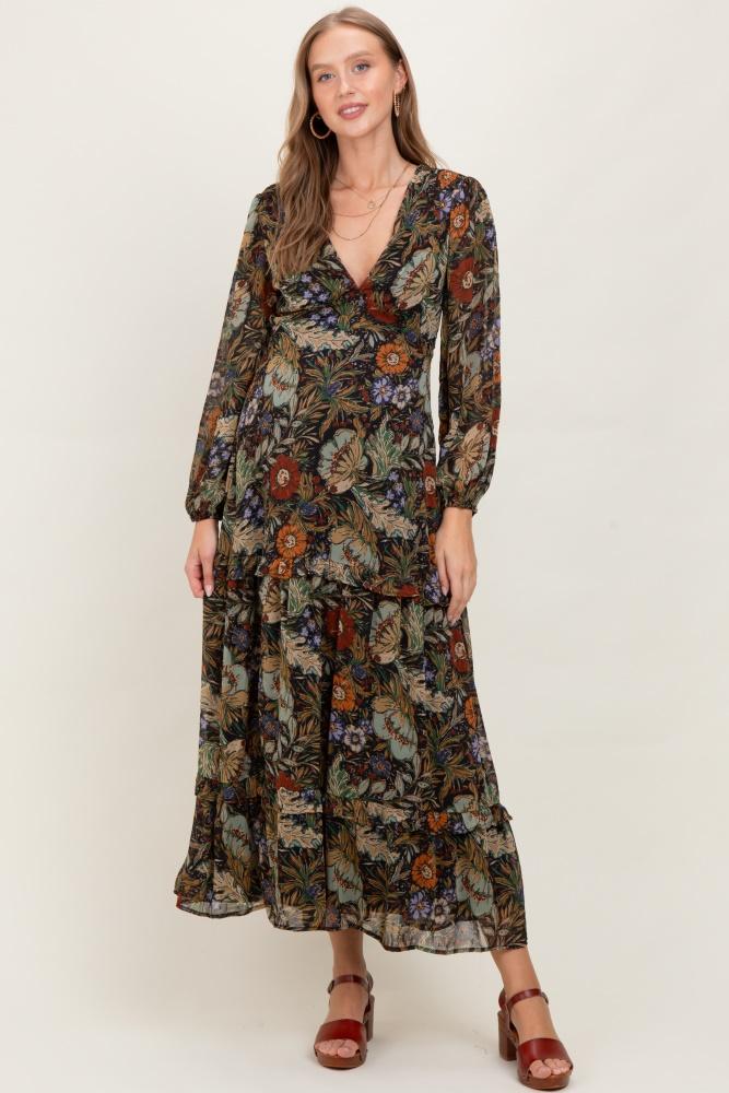 black floral chiffon v-neck long sleeve maternity maxi dress