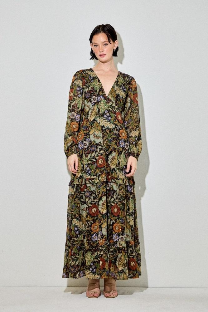 black floral chiffon v-neck long sleeve maxi dress