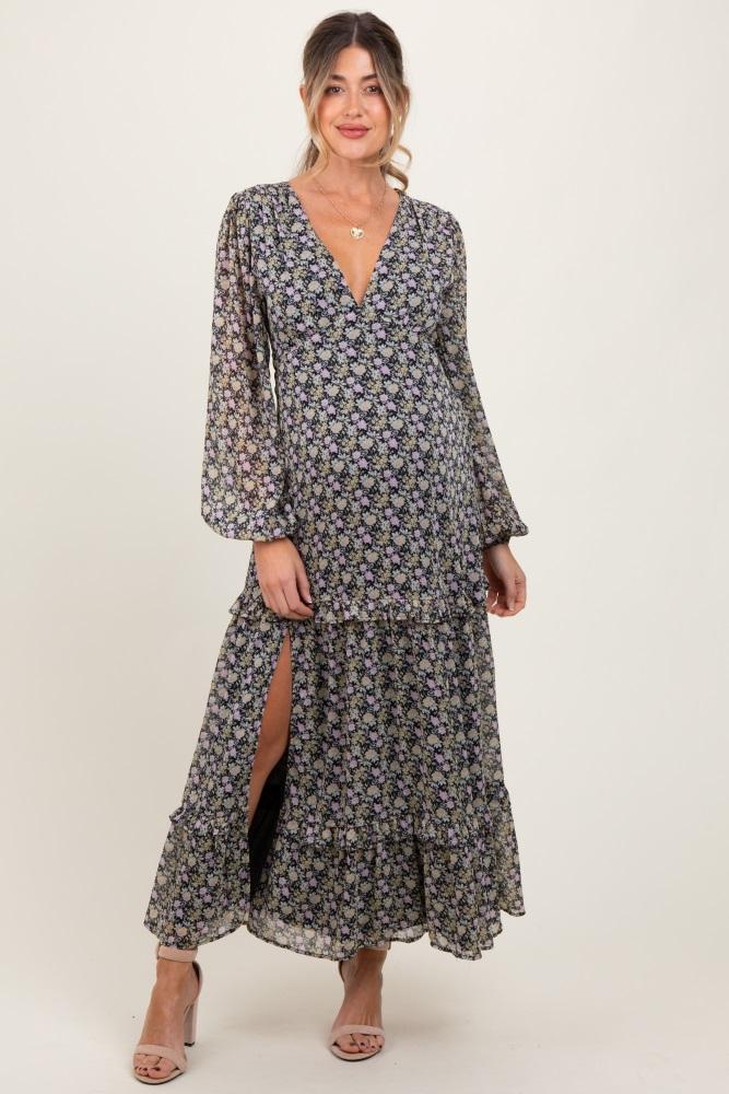 black floral chiffon v-neck ruffle tiered maternity maxi dress