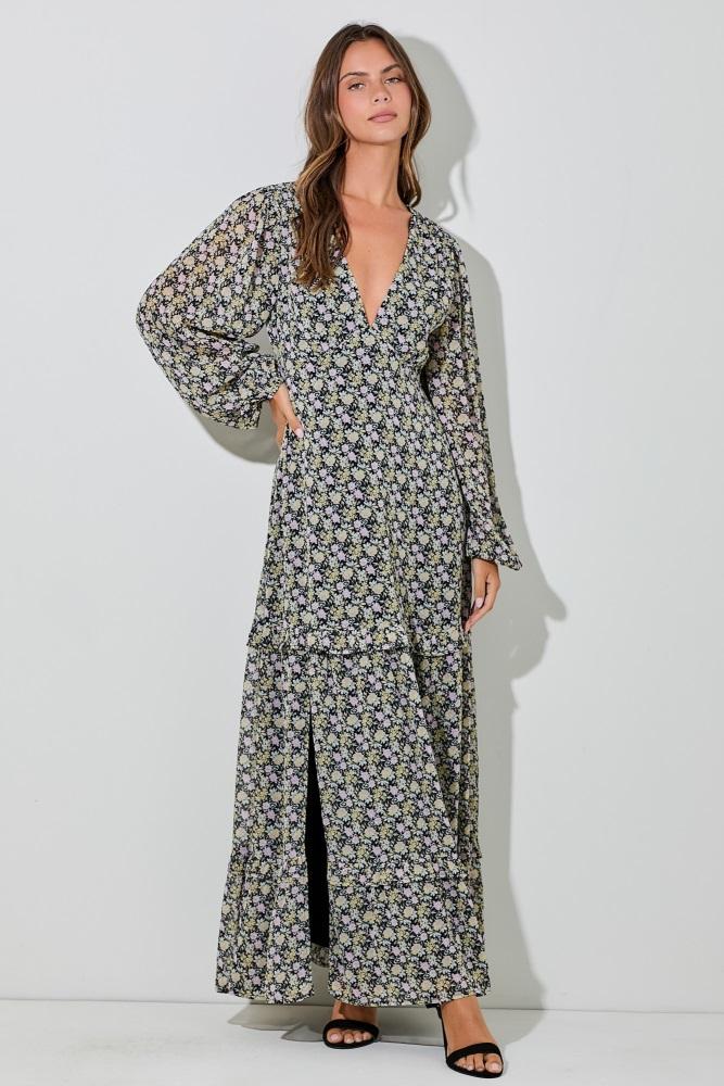 black floral chiffon v-neck ruffle tiered maxi dress