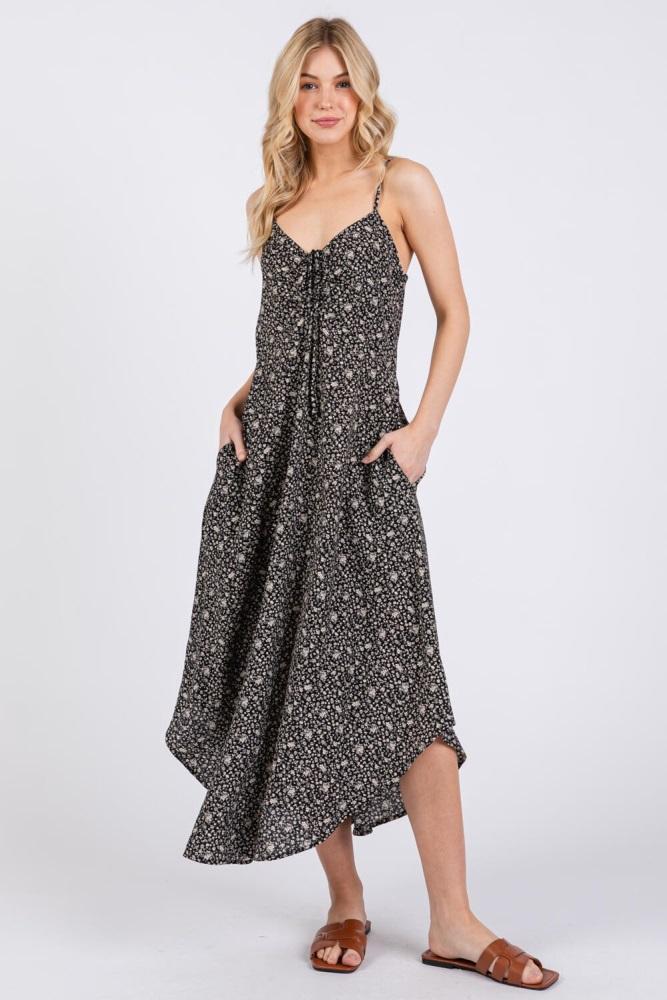 black floral cinched front tie midi dress