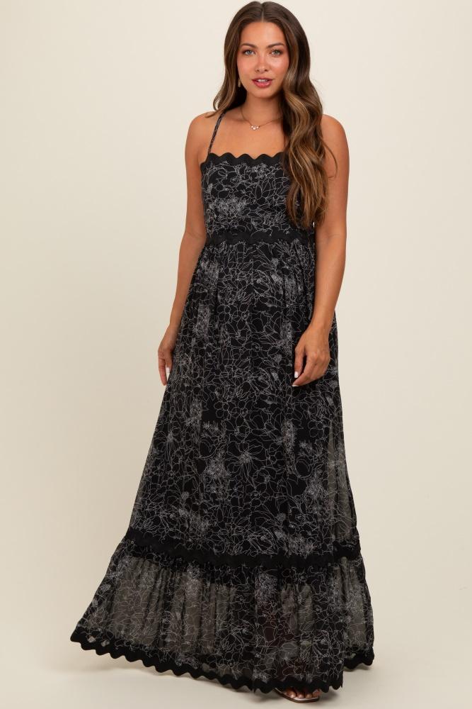 black floral contrast trim maternity maxi dress
