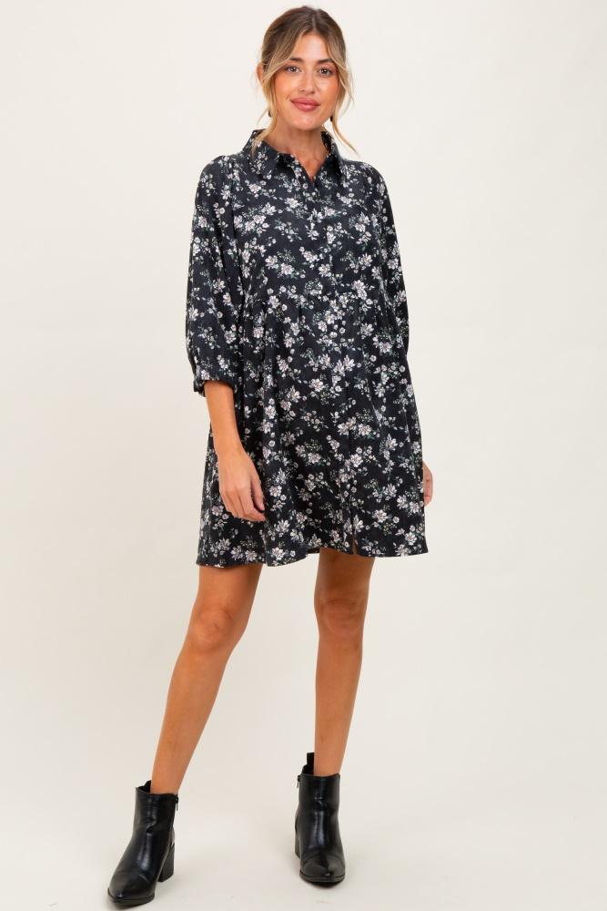 black floral corduroy button down maternity shirt dress