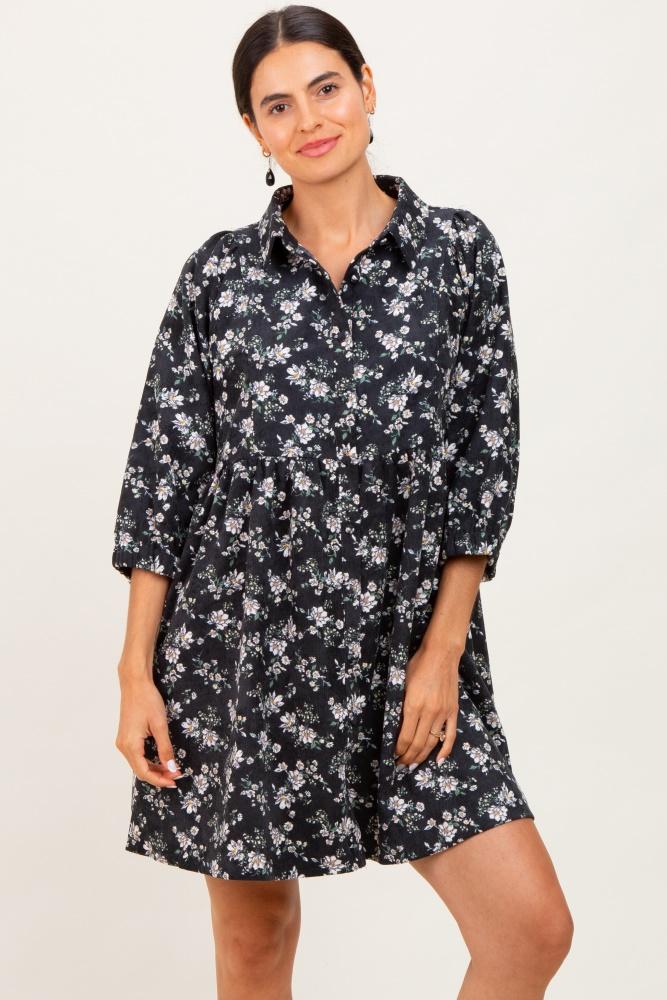 black floral corduroy button down shirt dress