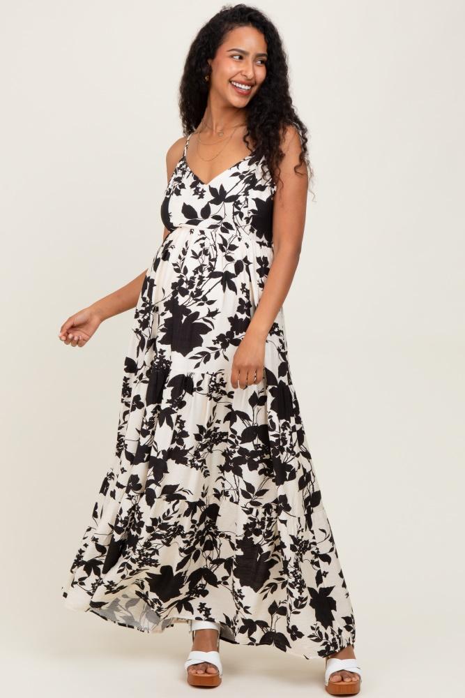 black floral cutout tie back maternity maxi dress