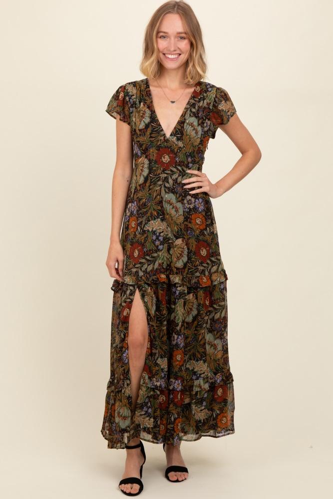 black floral deep v-neck tiered maxi dress