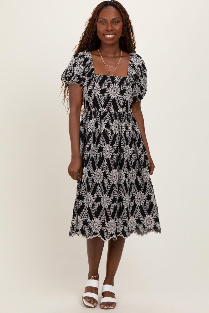 black floral embroidered square neck dress
