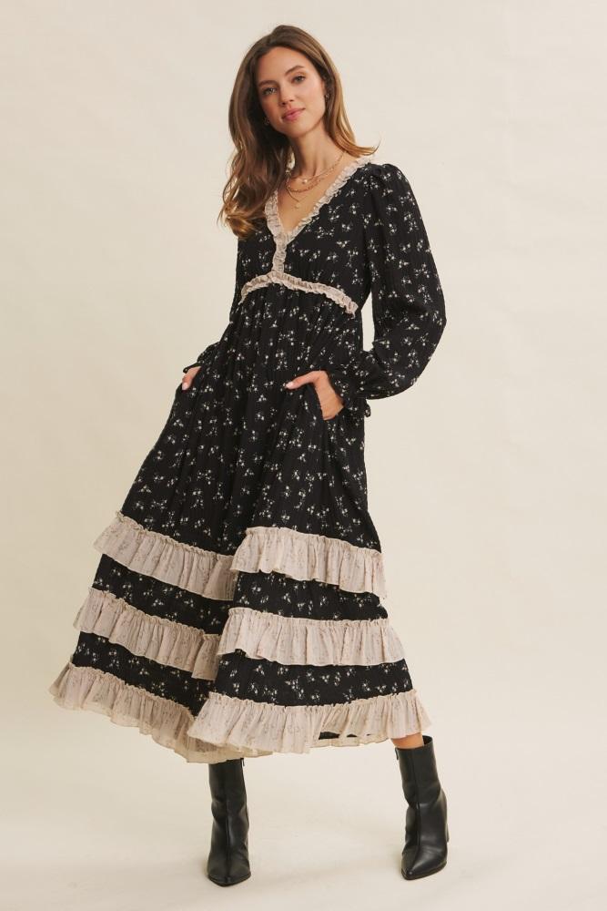 black floral eyelet lace tiered hem maxi dress