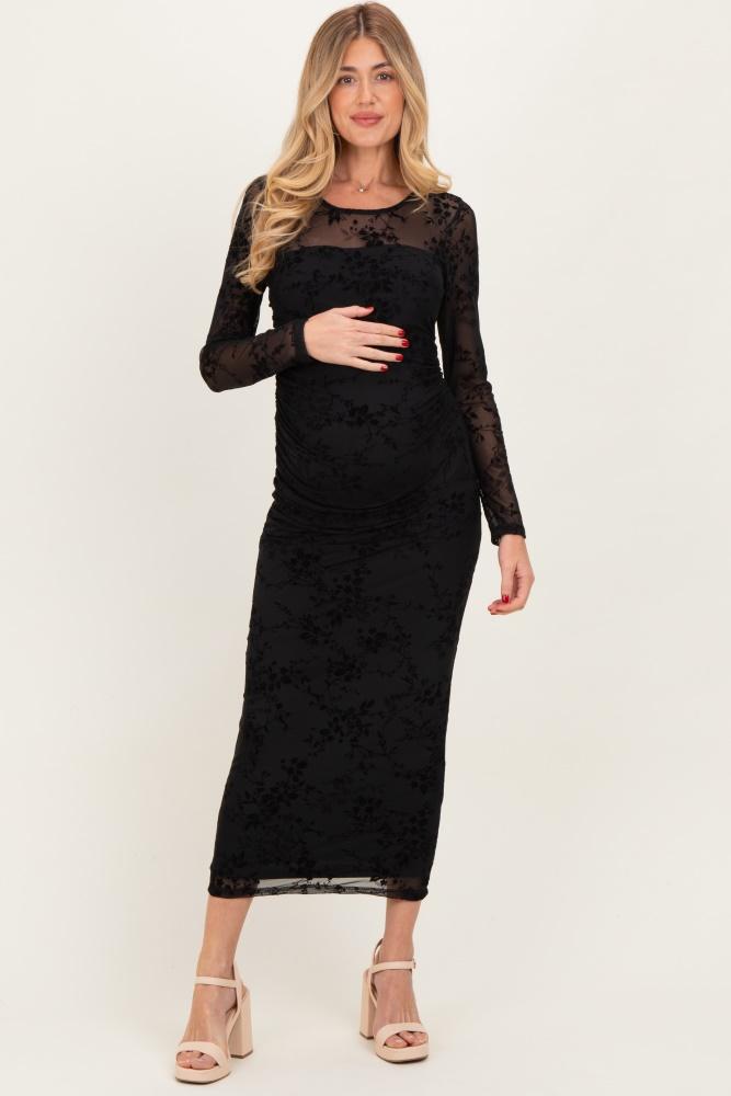 black floral flocked mesh long sleeve maternity midi dress