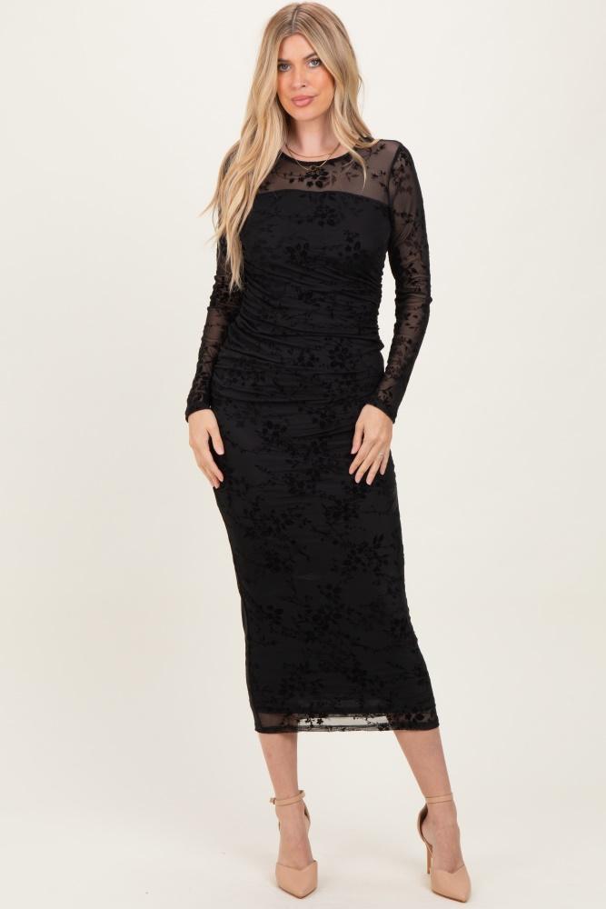 black floral flocked mesh long sleeve midi dress