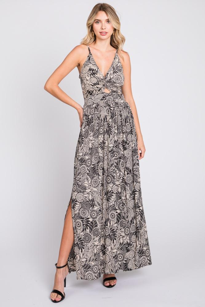 black floral front cutout side slit maxi dress