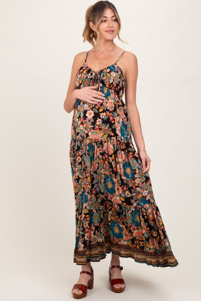 black floral front tie tiered maternity maxi dress
