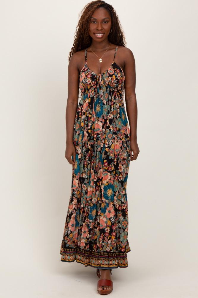 black floral front tie tiered maxi dress