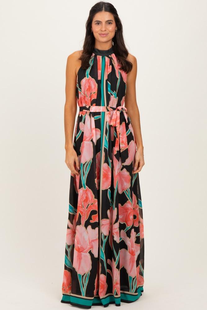 black floral halter maxi dress