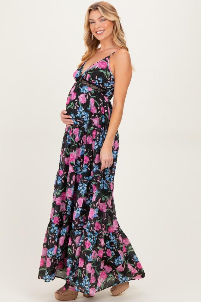 black floral lace inset tiered maternity maxi dress